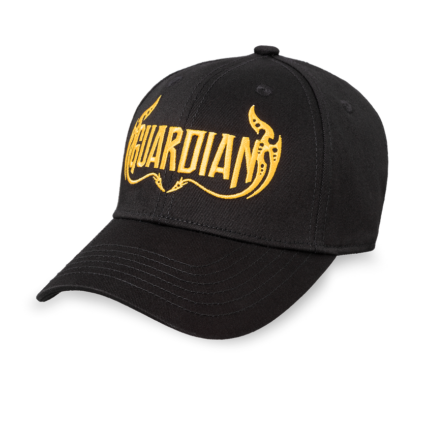 Black Defqon.1 cap with yellow 'GUARDIAN' logo on a white background
