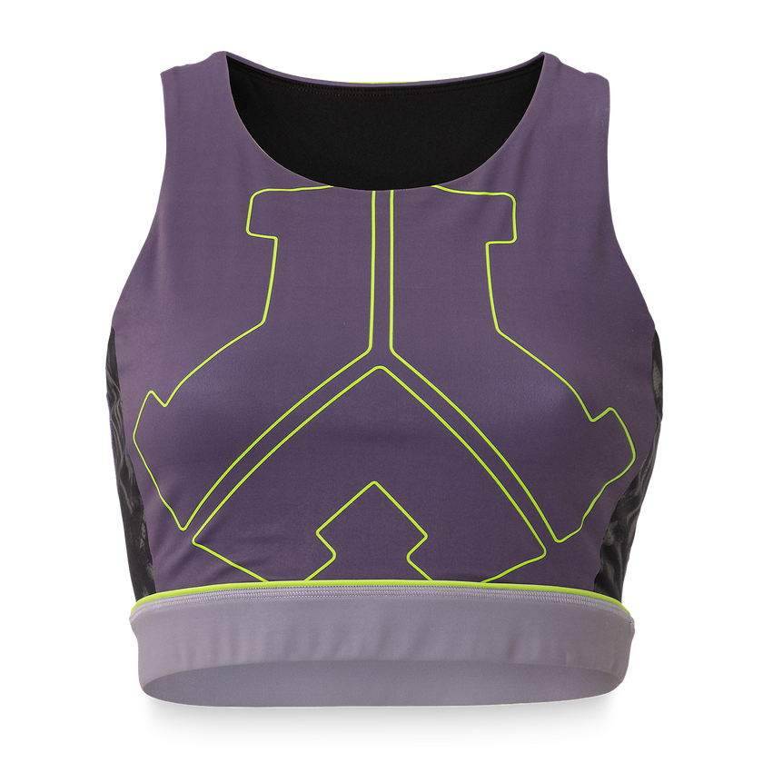 Purple Defqon.1 sports bra with geometric yellow design on a white background