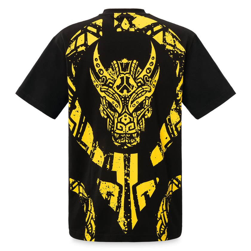 Black Defqon.1 t-shirt with yellow panther graphic design on a white background