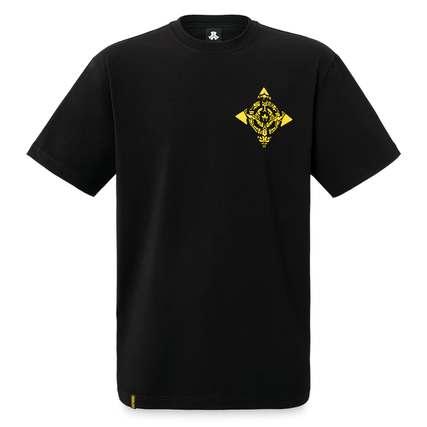 Black Defqon.1 t-shirt with a yellow emblem on a white background