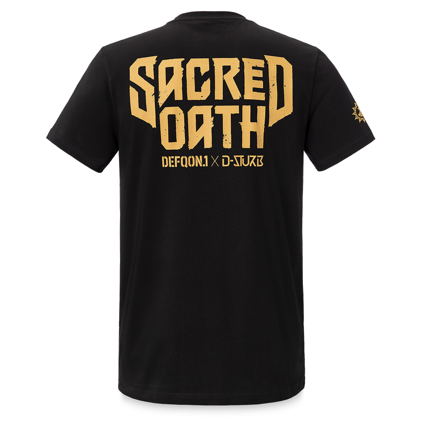 Black Defqon.1 t-shirt with 'Sacred Oath' text in gold on a white background