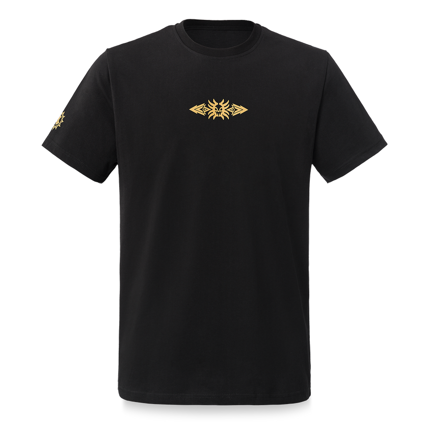 Black Defqon.1 t-shirt with gold logo on a white background